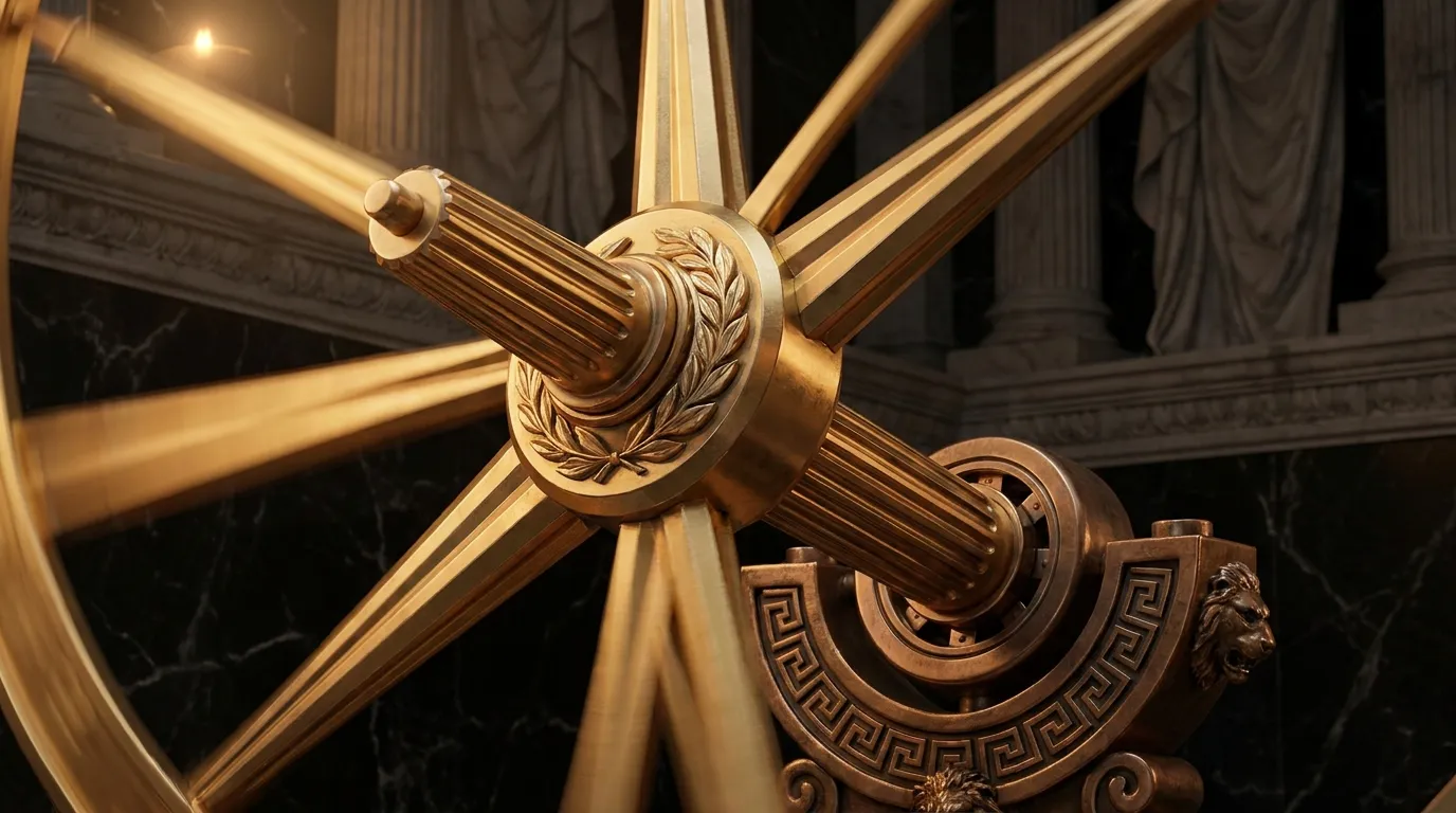 Polished faceted gold spinning disc caught mid-turn, fluted shaft and laurel-carved hub sharp, radiating spokes motion-blurre
