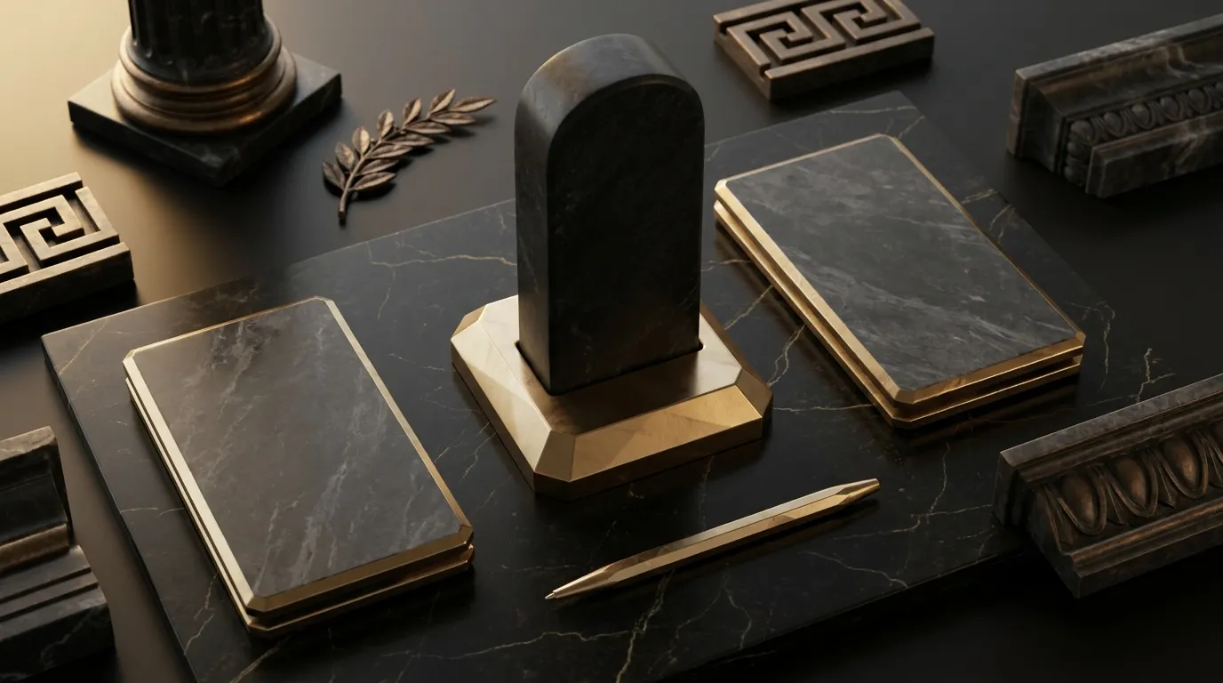 Overhead flat lay of a carved stone stele in gold base flanked by gold-edged marble tablets and gold stylus on black marble
