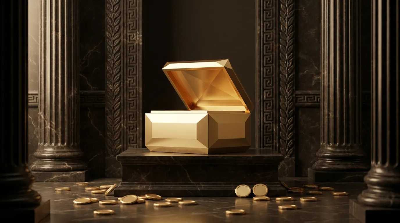 Symmetrical marble treasury chamber with fluted columns, open gold strongbox on plinth, blank gold coins scattered across dar