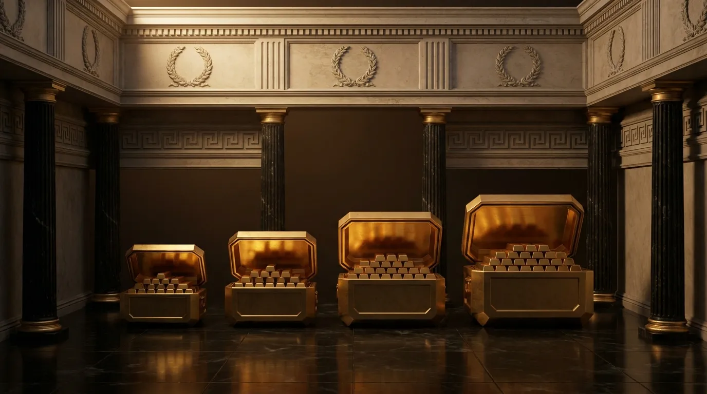 Symmetrical classical marble treasury chamber, four open gold strongboxes in a row between fluted columns, each brimming with