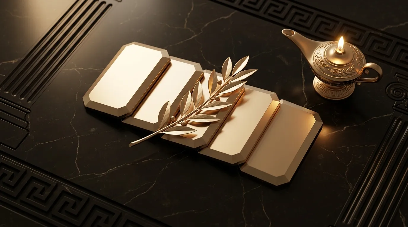 Overhead flat lay of five blank polished gold tablets fanned in a row, gold laurel sprig and oil lamp on dark veined black ma