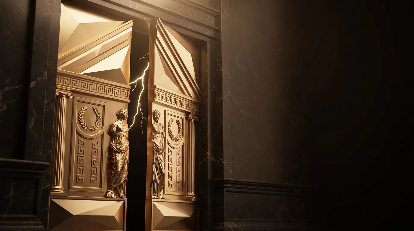 Towering faceted gold temple gates parting with gold lightning bolt between them, classical columns and laurel on dark black 