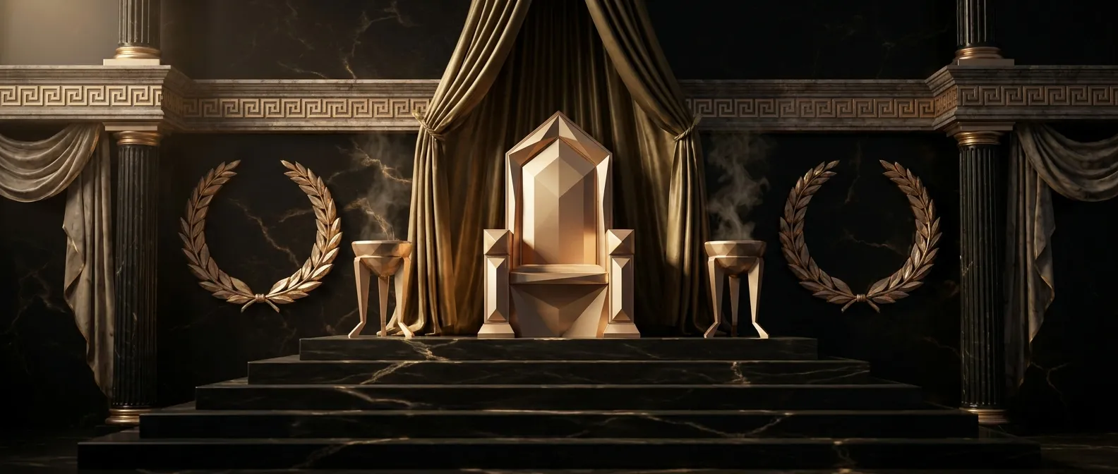 Symmetrical marble salon with gold throne atop five steps, flanked by gold tripod braziers and carved laurel swags on black m