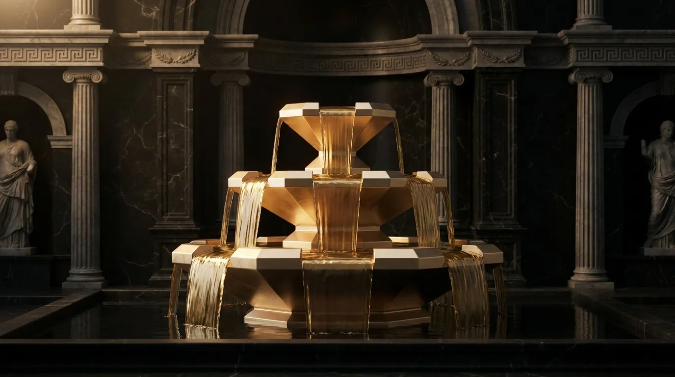 Symmetrical classical marble court with a tiered gold basin fountain, liquid gold cascading four levels into a dark stone ref