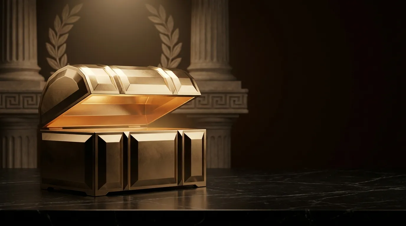 Faceted gold treasure chest half open on black marble, warm light spilling out, classical Greek columns and laurel carvings, 