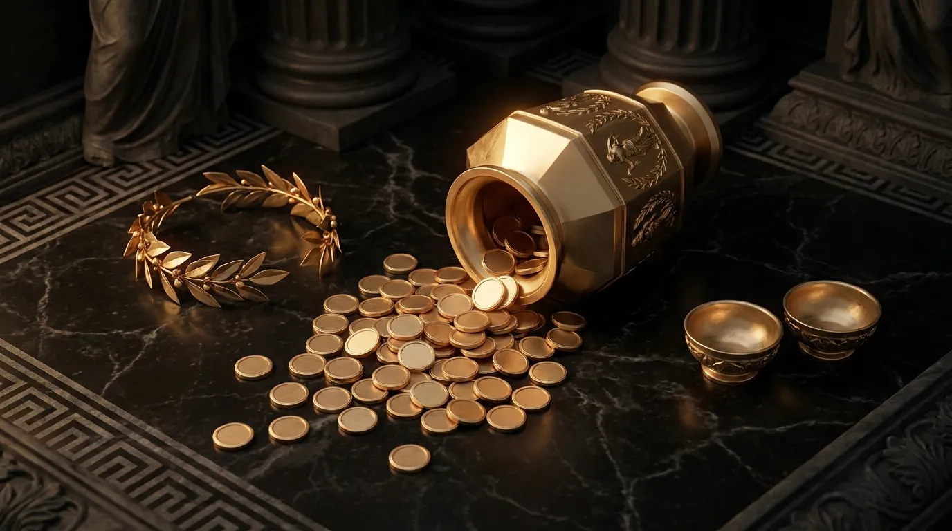 Overhead flat lay of a toppled polished gold urn spilling coins across dark veined marble, flanked by a laurel wreath and two