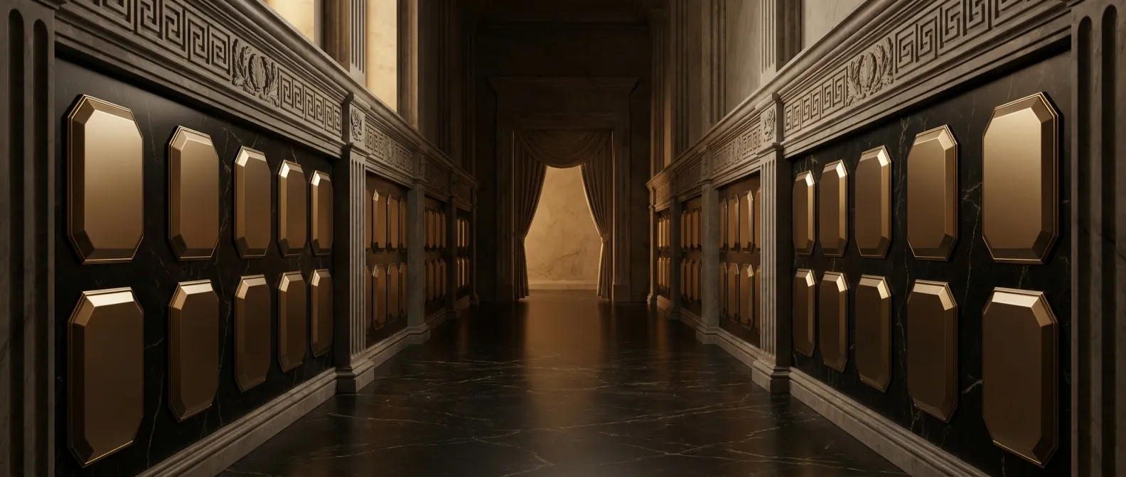Symmetrical dark marble gallery with rows of polished faceted gold votive plaques inset into carved stone walls beneath a mea