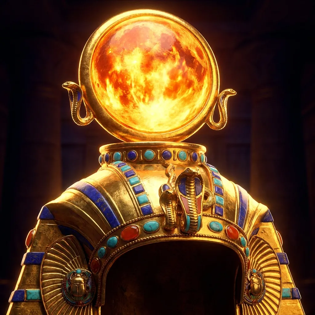 Glossy 3D render of a ornate golden Egyptian headdress crowned with a blazing solar disc on a dark dramatic background
