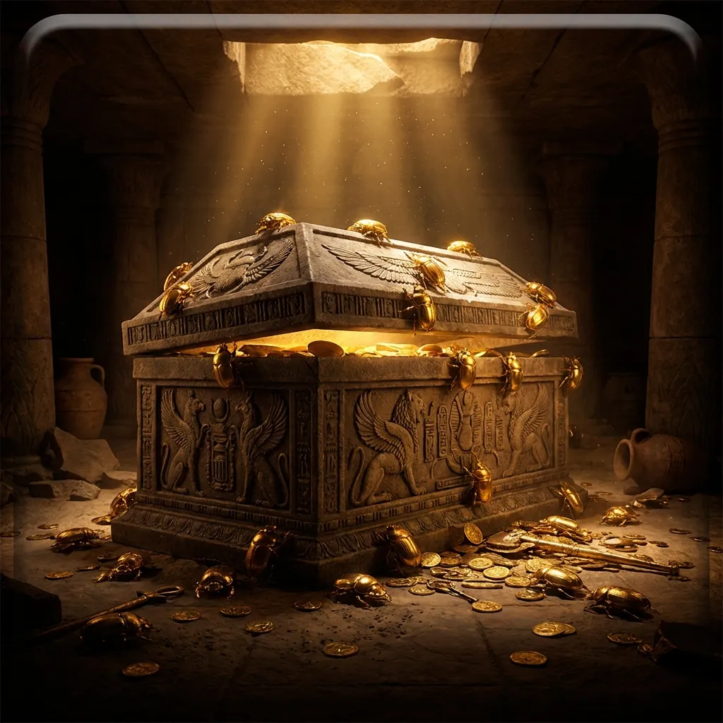 Glossy 3D render of a dusty tomb chamber with an ornate carved sarcophagus surrounded by gleaming gold scarab beetles on a da