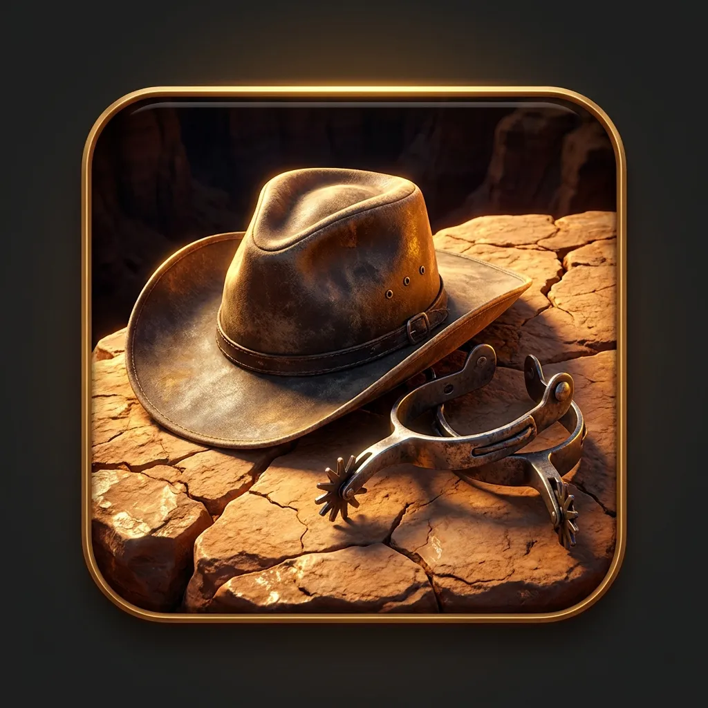Glossy 3D render of a lone cowboy hat and spurs resting on a sun-cracked desert rock with dramatic gold rim lighting
