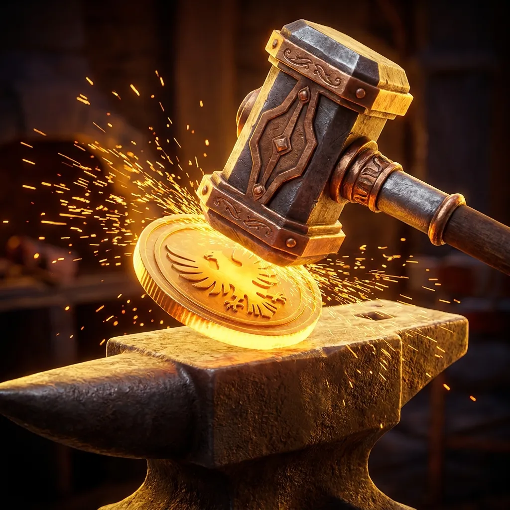 Glossy 3D render of a hammer striking a gold coin on an anvil with dramatic sparks flying against a dark background