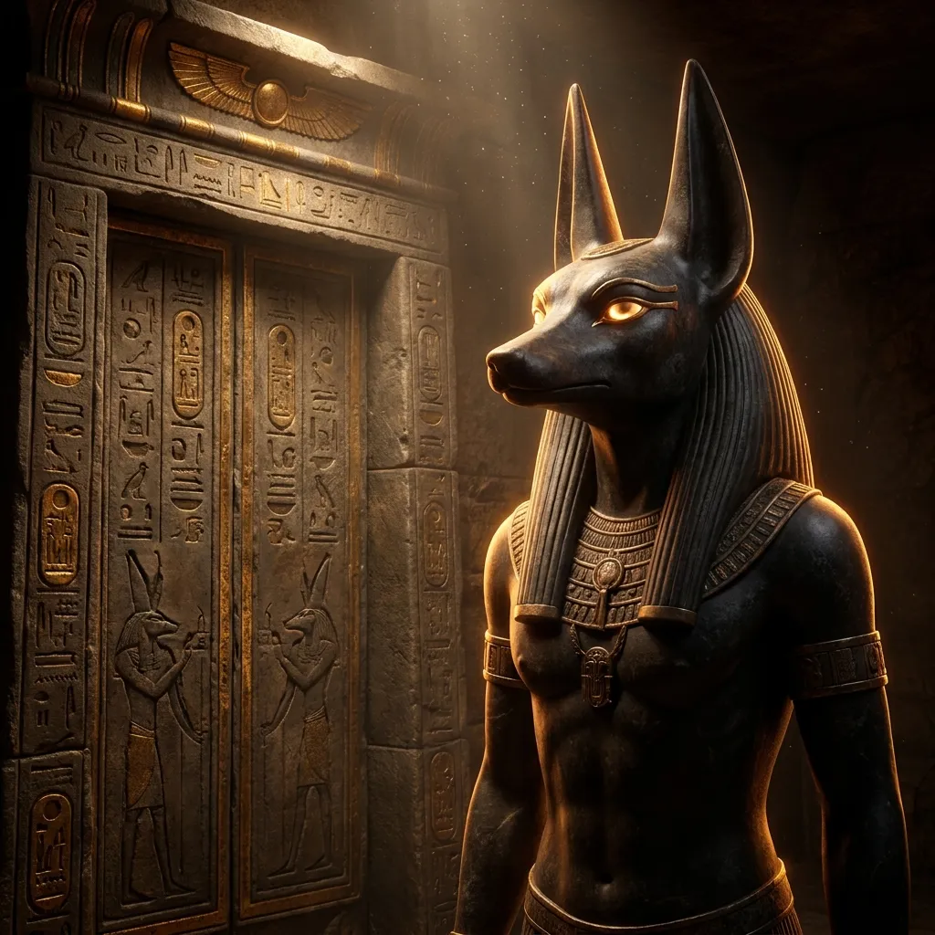 Glossy 3D render of a jackal-headed stone statue guarding a sealed ancient burial door against a dark dramatic background