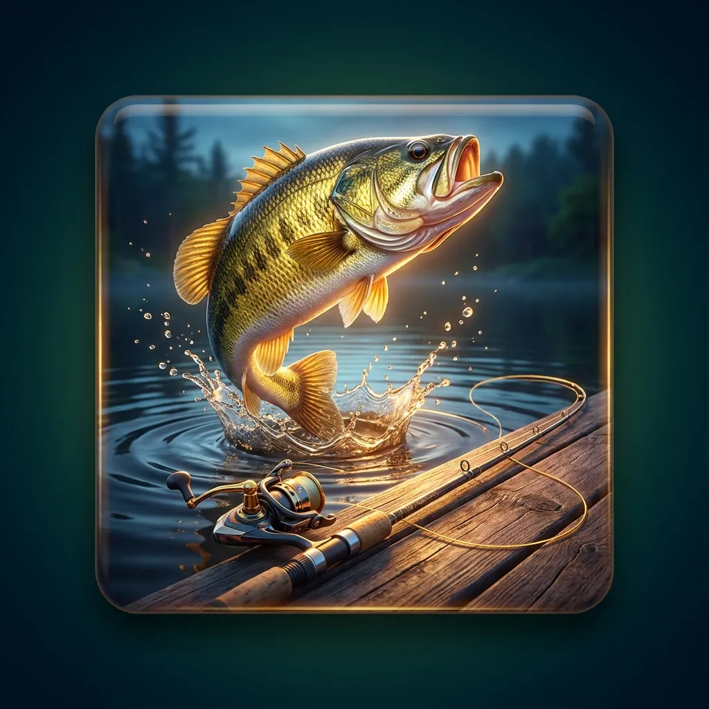 Glossy 3D render of a shimmering freshwater fish leaping from a sunlit lake beside a fishing rod, dark background with warm g