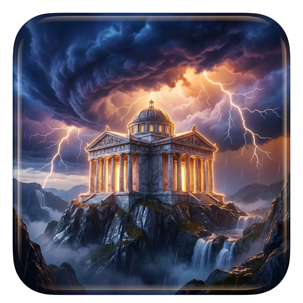 Glossy 3D render of storm clouds parting over a marble mountain temple with forked lightning and dramatic gold rim lighting