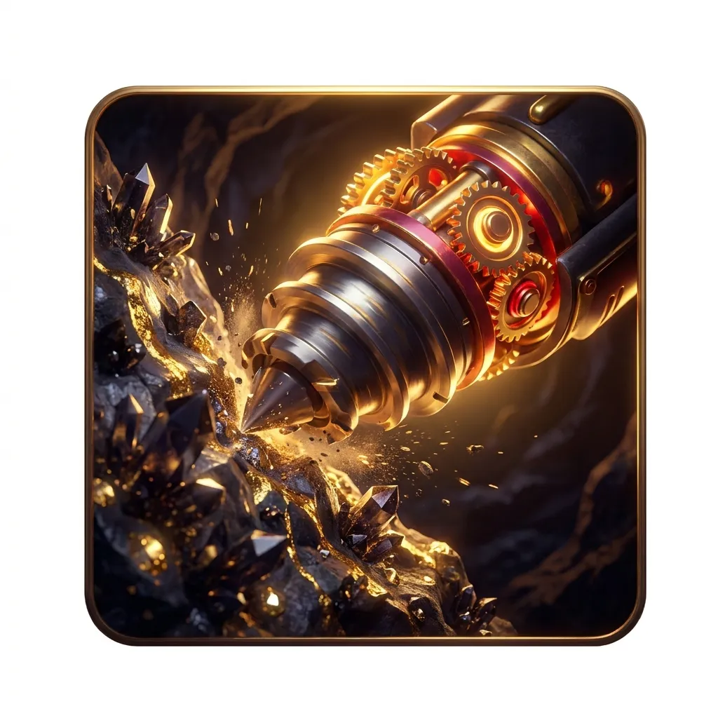 Glossy cinematic 3D render of a massive mechanical mining drill boring into a sparkling gem-studded rock face, dramatic gold 