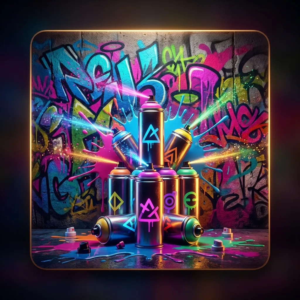 Glossy 3D render of a graffiti-covered concrete wall glowing with vivid neon spray cans and dramatic paint splatter on a dark