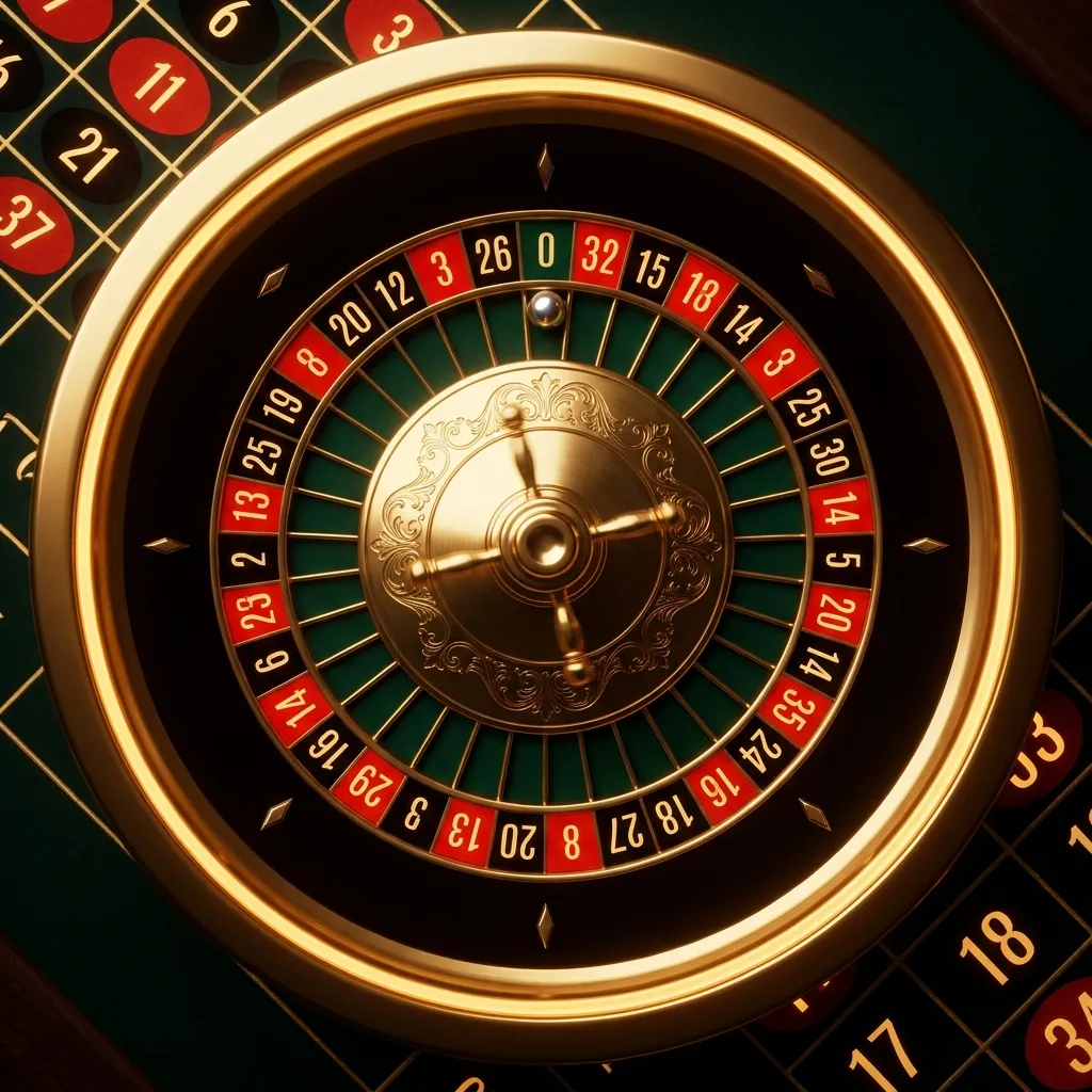 Cinematic 3D render of an ornate gilt-rimmed roulette wheel with classic betting layout on a dark background with warm gold l