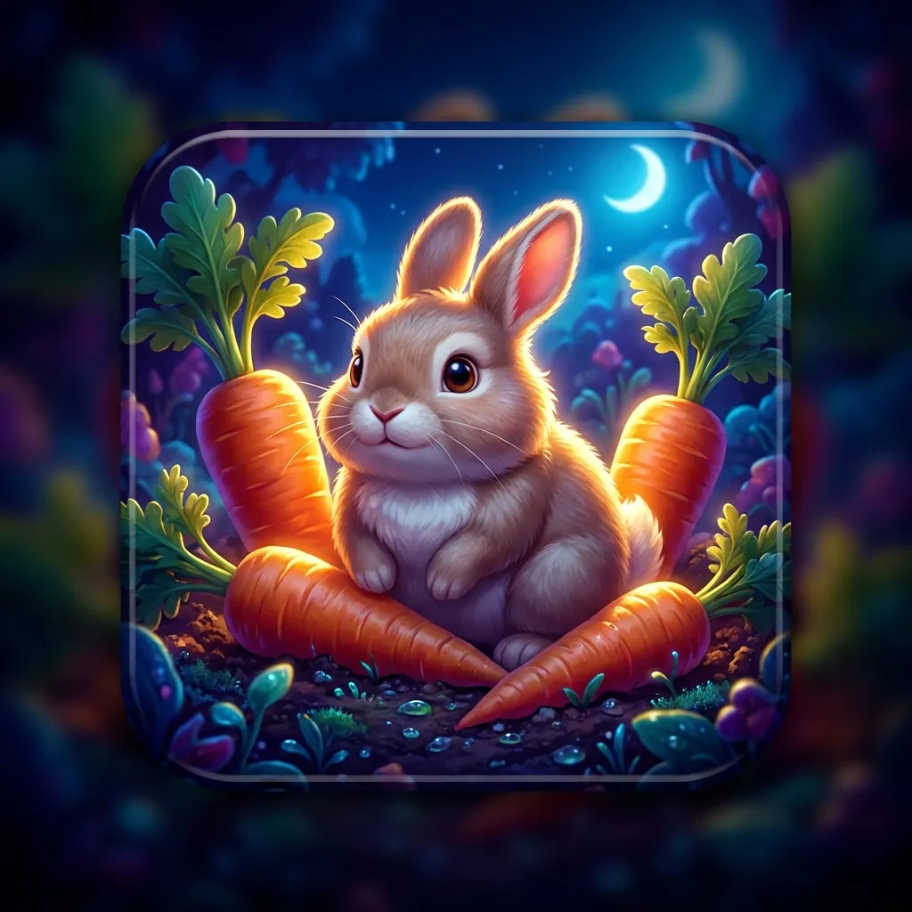 Glossy 3D render of a plump rabbit surrounded by giant glowing carrots in a dramatic moonlit garden patch