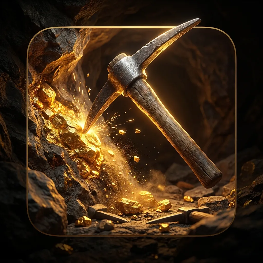 Glossy 3D render of a prospector's pickaxe striking a glowing raw gold seam inside a dark dramatic mine shaft