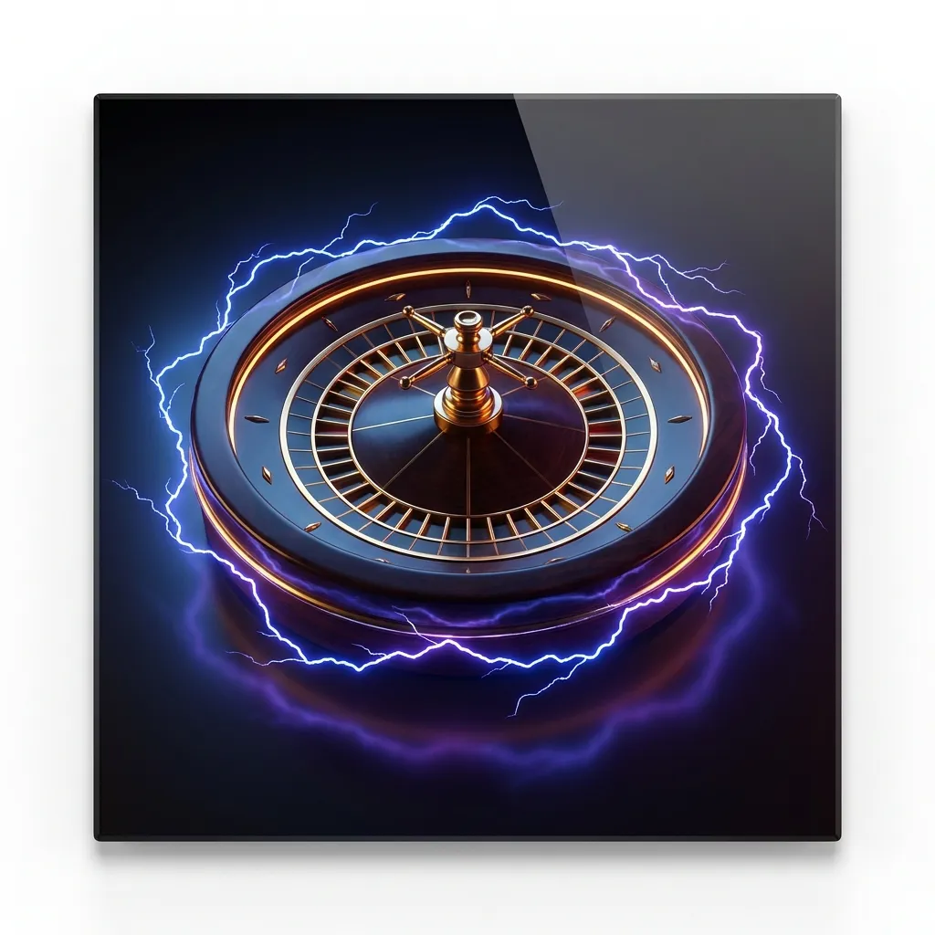 Glossy 3D roulette wheel wreathed in branching electric arcs on a dark studio floor with warm gold rim lighting