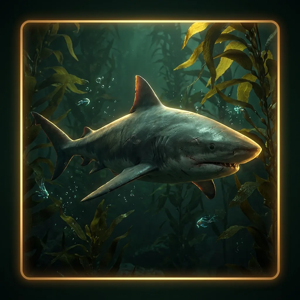 Glossy 3D render of a shark cutting through a dark murky green kelp forest with dramatic gold rim lighting