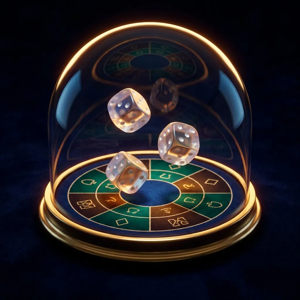 Three glossy dice tumbling inside a glass dome over a dark betting grid with gold rim lighting in a cinematic 3D render