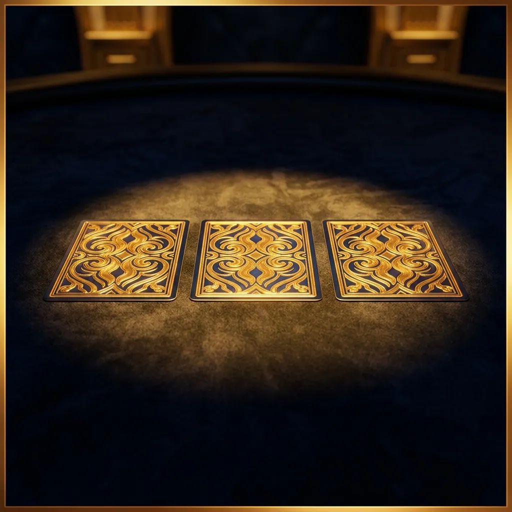 Three glossy face-down playing cards in a neat row under a dramatic spotlight, gold rim lighting on dark background, cinemati