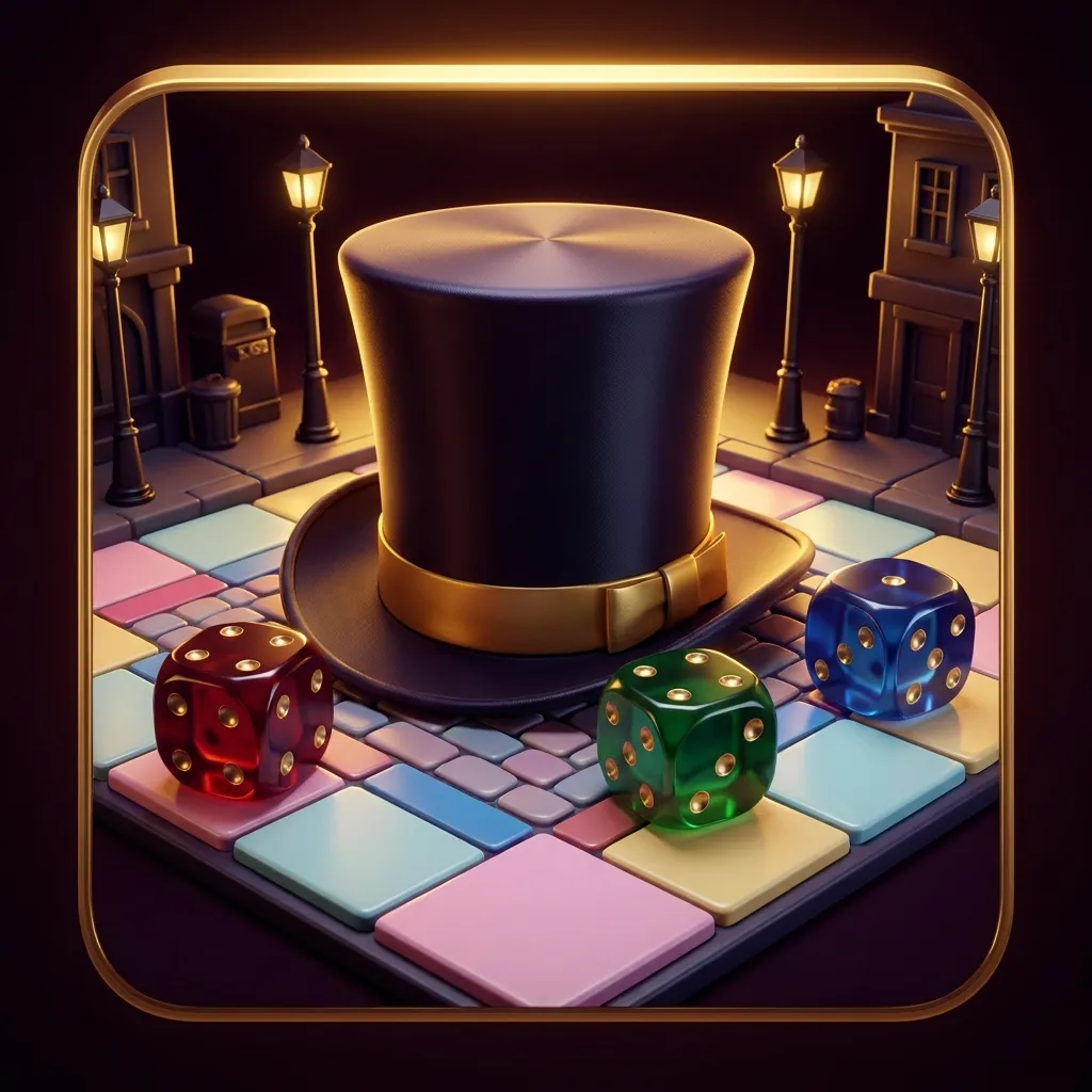 Glossy 3D render of a tall black top hat and oversized dice centred on a pastel board-game street, lit with warm gold rim lig