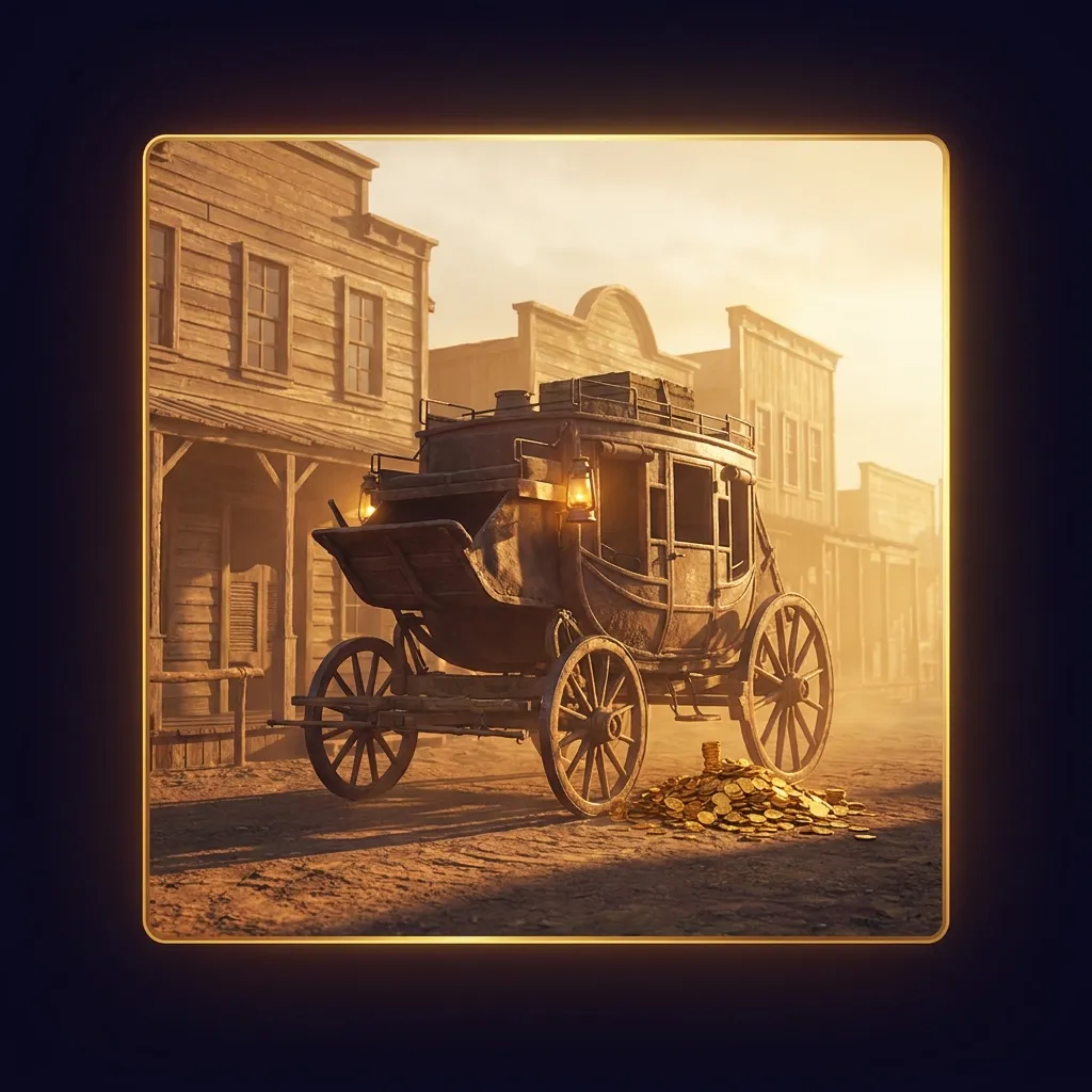 Dusty frontier main street at golden hour with weathered saloon facades bathed in warm cinematic light, dark dramatic backgro